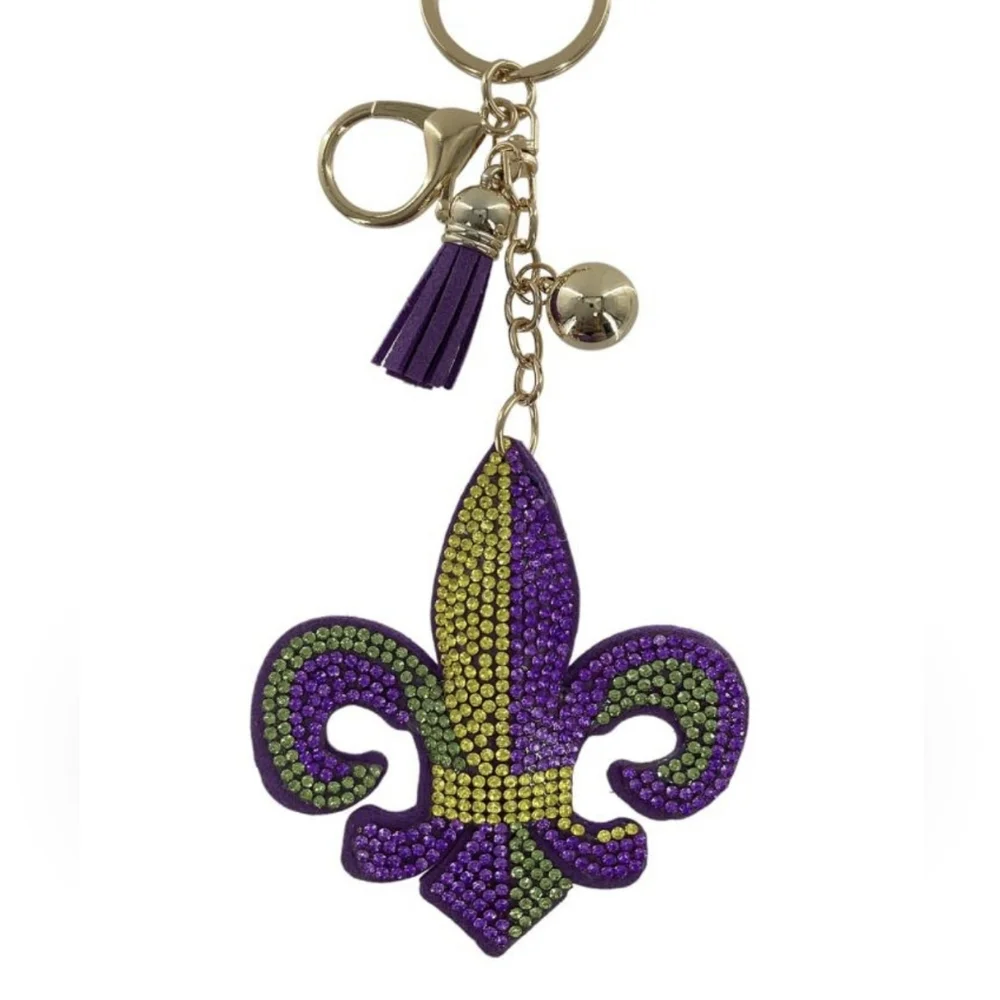 MARDI GRAS fleur-de-lis rhinestones ball tassel puffy keychain topical Easter